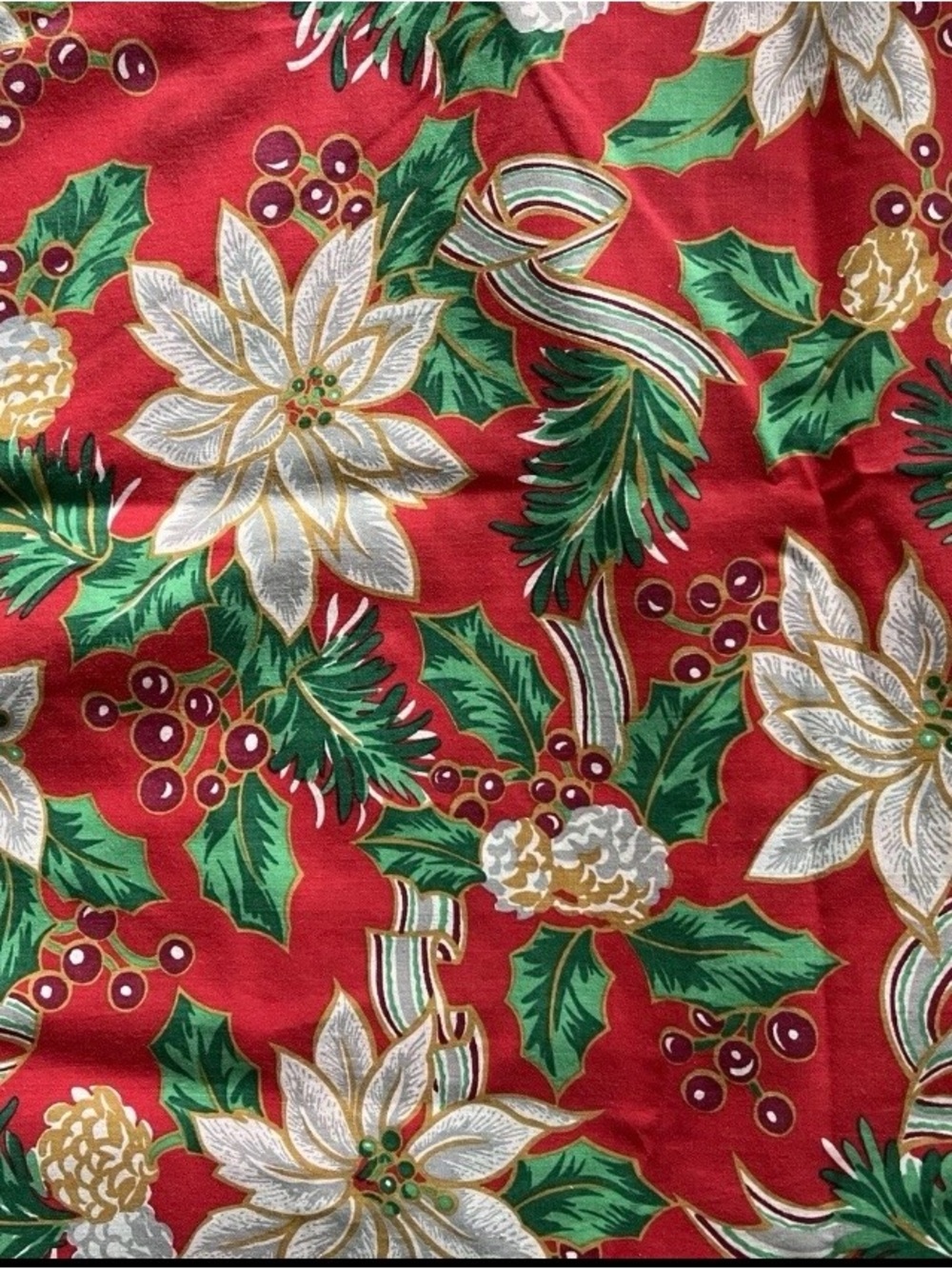 Vintage Christmas Tablecloth 86x58 Red Poinsettia Holly Ribbon Cotton Blend